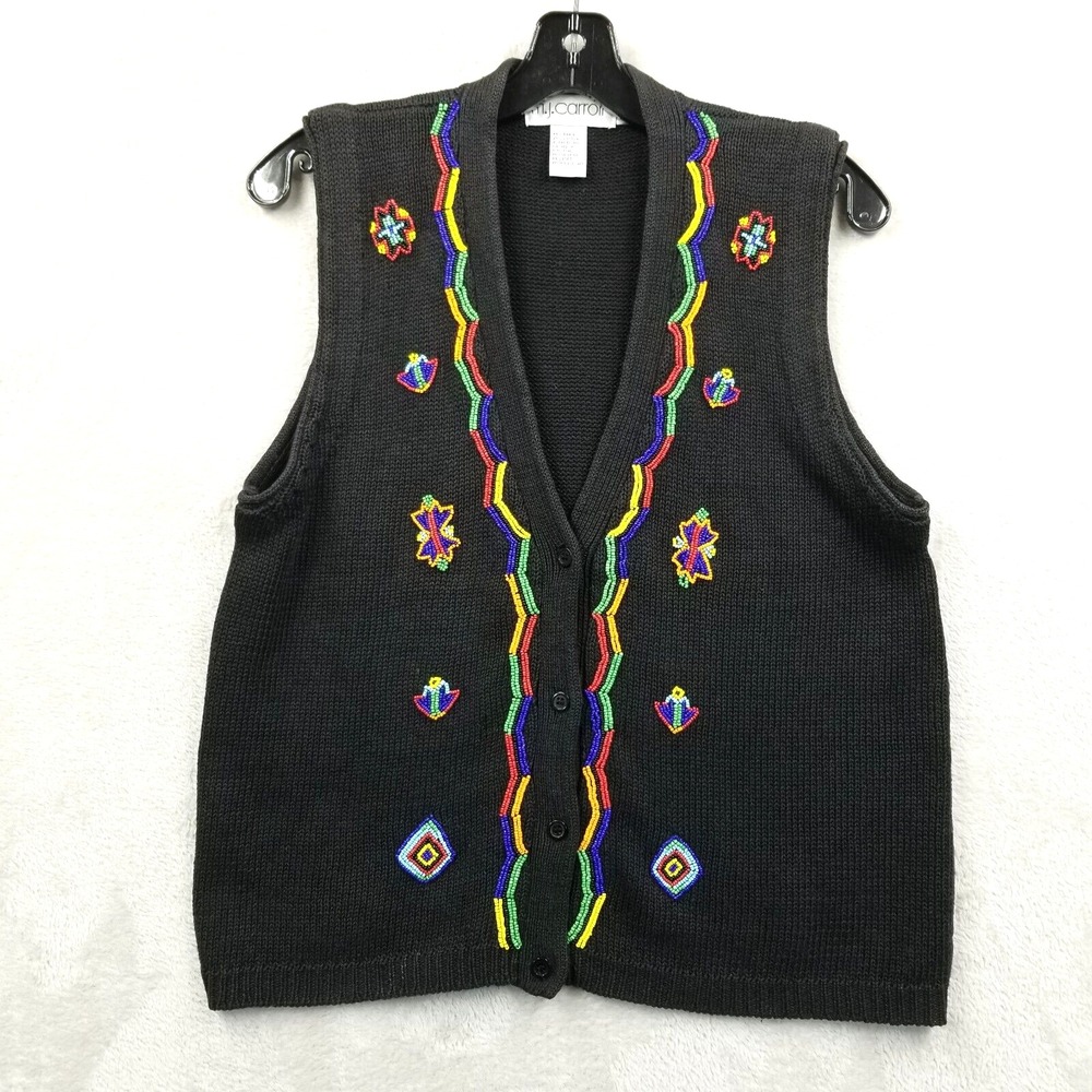 Vintage Vest Women Large Black Cotton Ramie Seed Beaded Aztec Knit Sweater